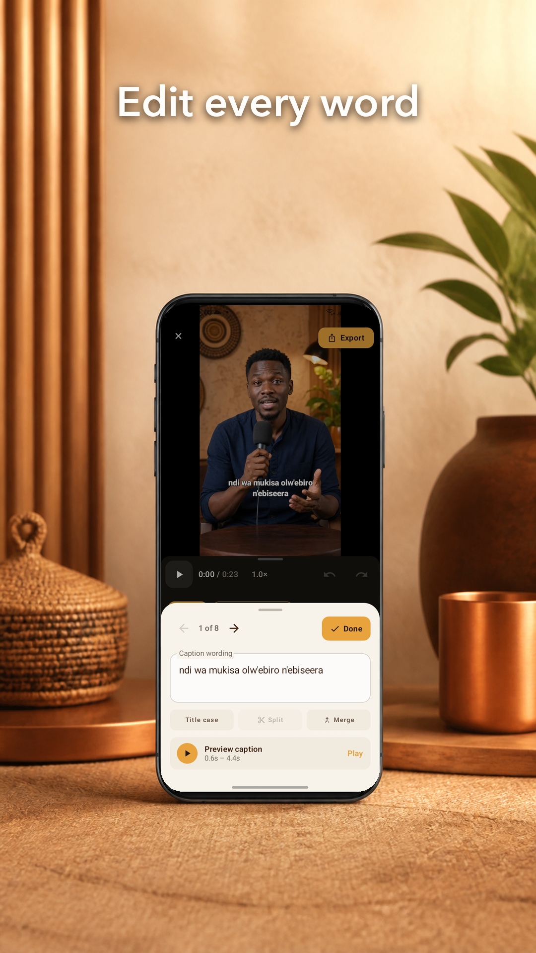 Waseme Studio editing timed captions on an Android phone